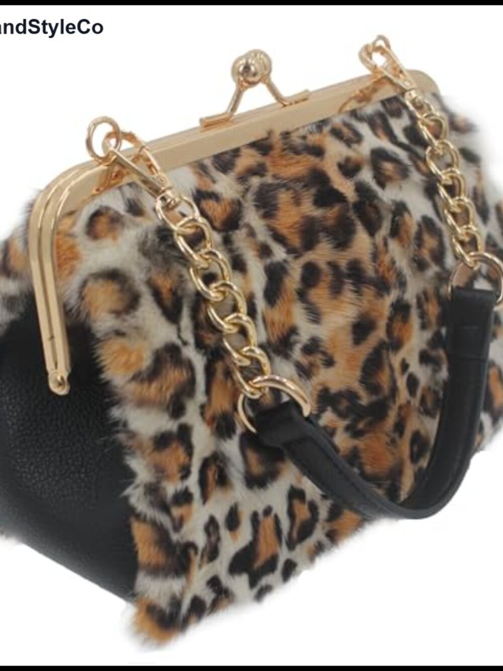 Genuine Mink Fur Leopard Print Kiss Lock Handbag with Gold Chain Strap